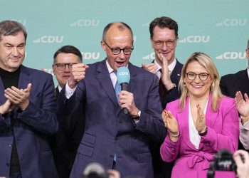 Friedrich Merz, the candidate of the mainstream conservative Christian Democratic Union party, addresses supporters at the party headquarters in Berlin, Germany, Sunday, Feb. 23, 2025, after the German national election. (AP Photo/Martin Meissner),Image: 968251977, License: Rights-managed, Restrictions: This content is intended for editorial use only. For other uses, additional clearances may be required., Model Release: no, Credit line: ČTK / AP / Martin Meissner