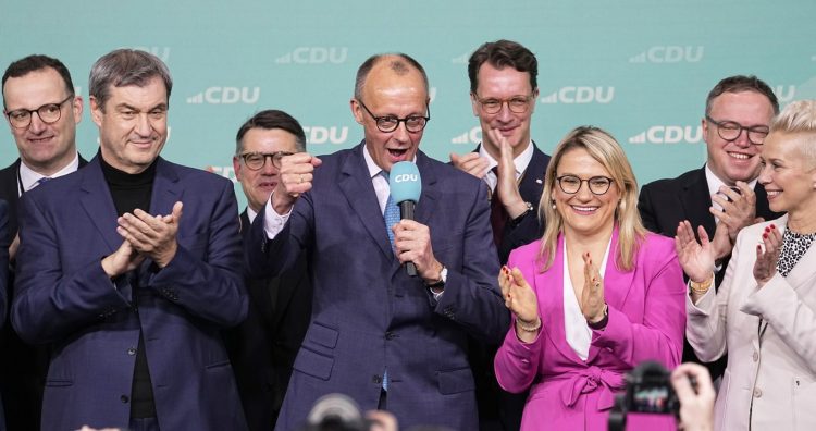 Friedrich Merz, the candidate of the mainstream conservative Christian Democratic Union party, addresses supporters at the party headquarters in Berlin, Germany, Sunday, Feb. 23, 2025, after the German national election. (AP Photo/Martin Meissner),Image: 968251977, License: Rights-managed, Restrictions: This content is intended for editorial use only. For other uses, additional clearances may be required., Model Release: no, Credit line: ČTK / AP / Martin Meissner