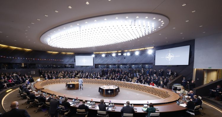 A general view of a meeting of the North Atlantic Council in defense ministers format at NATO headquarters in Brussels, Thursday, Feb. 13, 2025. (AP Photo/Geert Vanden Wijngaert)