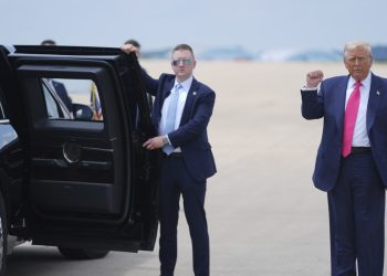 President Donald Trump arrives at 171st Air Refueling Wing at Pittsburgh International Airport, Tuesday, July 15, 2025, in Coraopolis, Pa. (AP Photo/Evan Vucci)