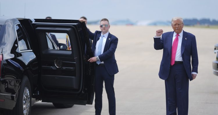 President Donald Trump arrives at 171st Air Refueling Wing at Pittsburgh International Airport, Tuesday, July 15, 2025, in Coraopolis, Pa. (AP Photo/Evan Vucci)