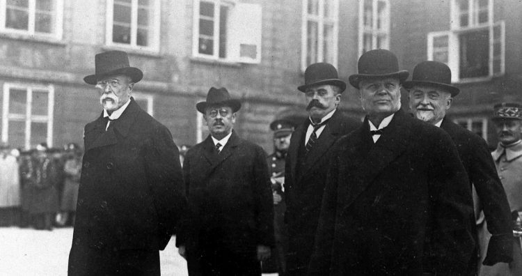 FILE - President of Czechoslovakia Tomas Masaryk, left, and Prime Minister Antonin Svehla, right, in Prague, Nov. 1927. (AP Photo, File)