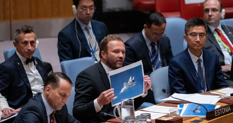 Estonia's Minister of Foreign Affairs Margus Tsahkna speaks during a Security Council meeting at United Nations Headquarters, Monday, Sept. 22, 2025. (AP Photo/Yuki Iwamura)