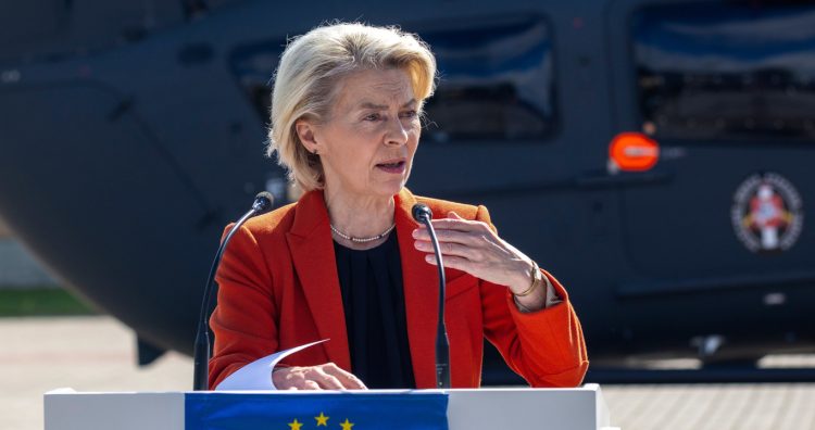 President of European Commission Ursula von der Leyen speaks during a joint press conference with Lithuania's President Gitanas Nauseda at the Border Guard School near Lithuanian-Belarusian border, near the village Medininkai, east of the capital Vilnius, Lithuania, Monday, Sept. 1, 2025. (AP Photo/Mindaugas Kulbis)