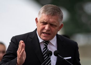 Slovakia's Prime Minister Robert Fico delivers his speech during the 130th anniversary celebration of Mária Valeria Bridge in Esztergom, Hungary, on Sunday, Sept. 28, 2025. (AP Photo/Denes Erdos)