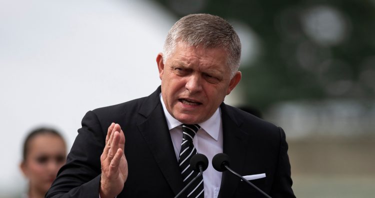 Slovakia's Prime Minister Robert Fico delivers his speech during the 130th anniversary celebration of Mária Valeria Bridge in Esztergom, Hungary, on Sunday, Sept. 28, 2025. (AP Photo/Denes Erdos)