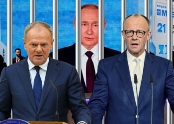 Poľsko-nemecká obranná dohoda má posilniť východné krídlo NATO v čase rastúcej hrozby zo strany Putinovho Ruska. Ilustračná koláž zachytáva poľského premiéra Donalda Tuska, ruského prezidenta Vladimira Putina a nemeckého kancelára Friedricha Merza v kontexte novej bezpečnostnej osi medzi Varšavou a Berlínom. FOTO: SITA/AP Photo/Anatoly Maltsev/Hiro Komae/Ebrahim Noroozi, FOTOKOLÁŽ: redakcia