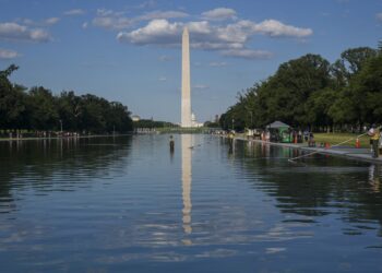 Zaměstnanci americké Správy národních parků odstraňují řasy ze dna čerstvě natřeného odrazového bazénu u Lincolnova památníku ve Washingtonu. Zdroj: AA/ABACA / Abaca Press / Profimedia