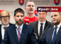 Prieskumy slovenskej opozícii dávajú väčšinu, otázkou však zostáva, či dokáže prekonať vzájomné spory a po voľbách vytvoriť stabilnú alternatívu k vláde Roberta Fica. Na snímke sú šéfovia opozičných strán, zľava: Branislav Gröhling (SaS), Michal Šimečka (PS), Igor Matovič (Hnutie Slovensko), Milan Majerský (KDH) a Jaroslav Naď (Demokrati). FOTO: SITA/Jana Birošová/Martin Havran/Tomáš Bokor/PS/Lukáš Grec. FOTOKOLÁŽ: redakcia