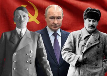 Adolf Hitler (vľavo) a Josif Vissarionovič Stalin (vpravo) v roku 1939 bezdôvodne napadli a rozdelili si Poľsko. Tak sa začala druhá svetová vojna. Vladimir Putin (v strede) dnes opiera ruský príbeh o druhej svetovej vojne o víťazstvo nad nacizmom, hoci boľševické sovietske Rusko s nacistickým Nemeckom v rokoch 1939 až 1941 úzko kolaborovalo. O to väčším paradoxom je, že Putin vojenskú inváziu na Ukrajinu zdôvodňuje aj potrebou jej „denacifikácie“. FOTO: SITA/Kirill Zykov/Sputnik, Kremlin Pool Photo via AP/Bundesarchiv, Bild 183-H1216-0500-002/CC-BY-SA 3.0/Krasnay Niva/Nikolai Petrov. FOTOKOLÁŽ: redakcia.