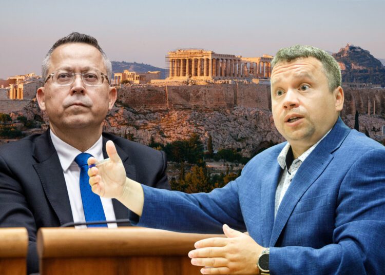 Slovensku podľa neho pre vysoké dlhy hrozí takzvaná grécka cesta.Minister financií Ladislav Kamenický (vľavo) v rastúcom zadlžení Slovenska nevidí zásadný problém, predseda Rady pre rozpočtovú zodpovednosť Ján Tóth však varuje pred dôsledkami vysokých deficitov a narastajúceho štátneho dlhu. Slovensku podľa neho pre vysoké dlhy hrozí takzvaná grécka cesta. FOTO: SITA/Branislav Bibel, Kancelária NR SR, Alexander Popkov/engineerontour.com/CC BY-SA 4.0. FOTOKOLÁŽ: redakcia